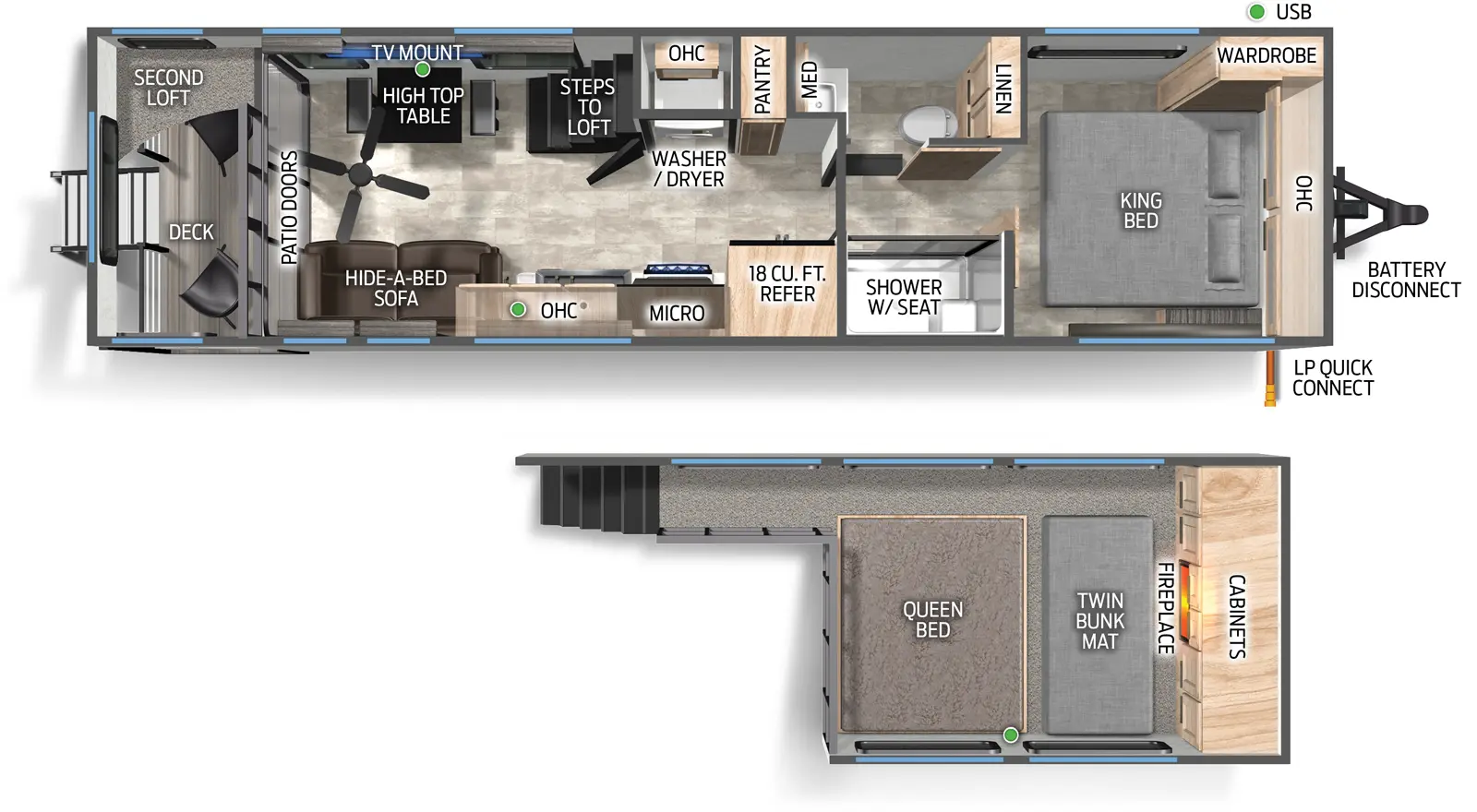 The Timberwolf 20OG floorplan has one entry and zero slide outs. Exterior features include: metal exterior and N/A awning. Interiors features include: loft, front bedroom and rear living.